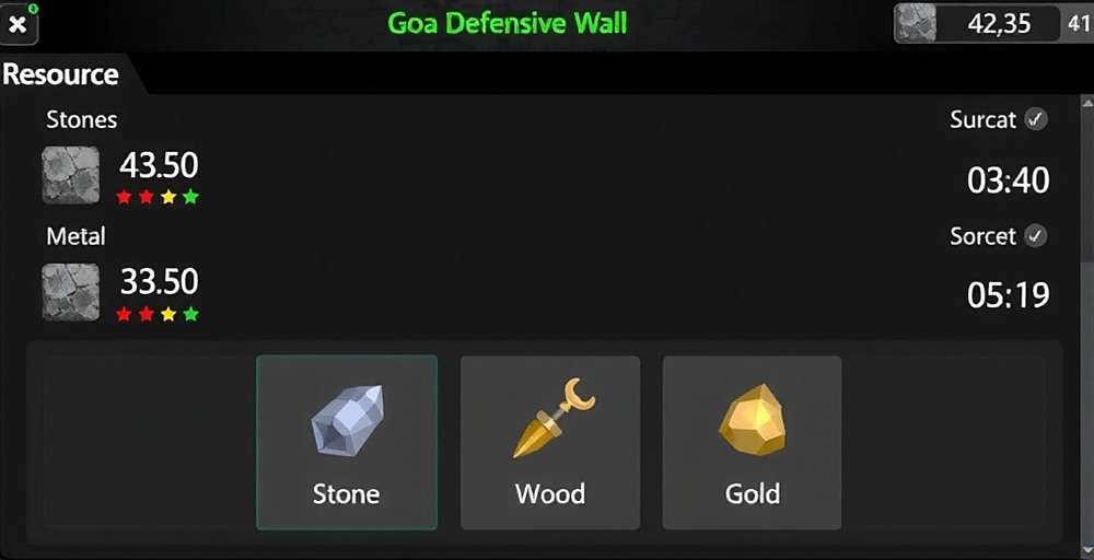 Resource Management in Goa Defensive Wall Goa Defensive Wall resource management screen showing stone, wood, metal and gold quantities